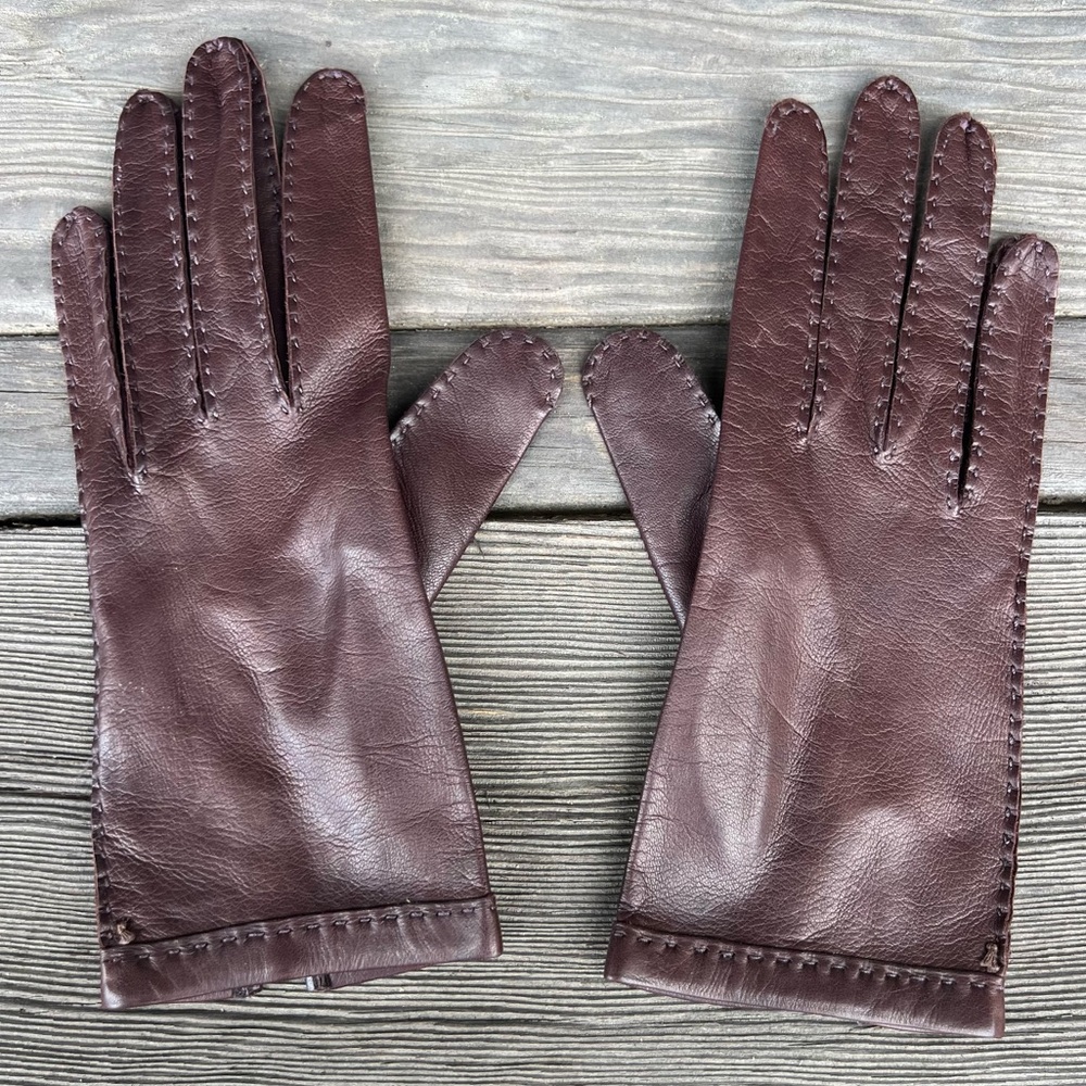 Vintage Brown Hand-Stitched Leather Gloves – Size Small